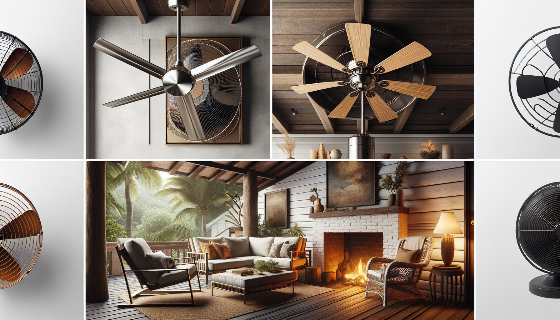 Assortment of outdoor fan styles including modern, traditional, and rustic designs