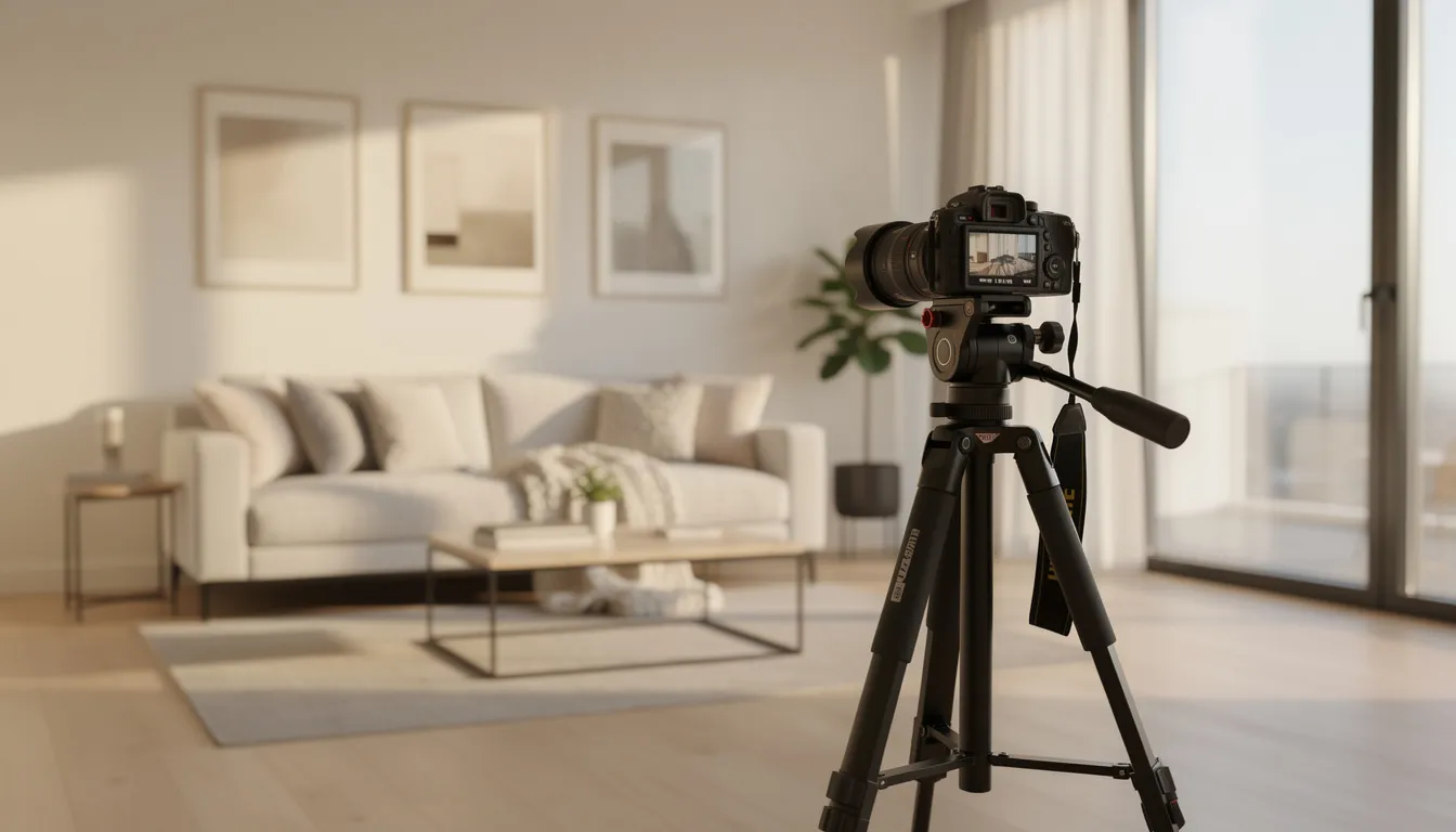 A professional camera mounted on a tripod captures a beautifully staged living room, illuminated by natural light streaming through large windows, showcasing a warm and inviting atmosphere ideal for real estate listings. This image highlights the importance of high-quality photography in attracting potential buyers on real estate websites.