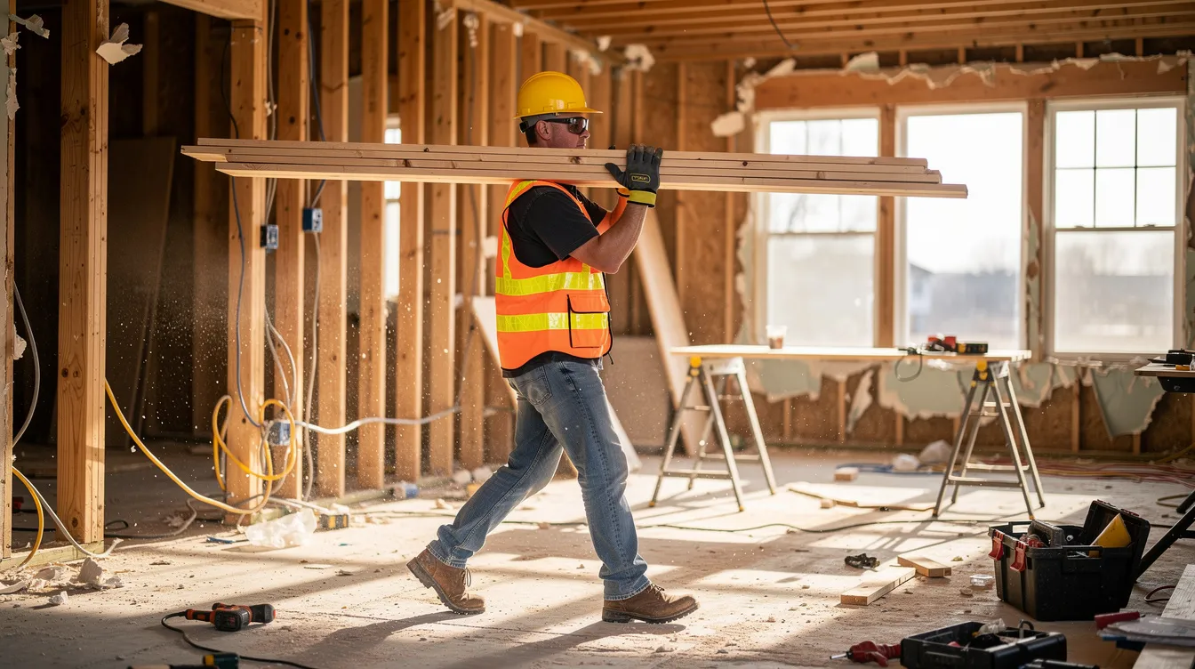 A construction worker is seen carrying lumber through a property undergoing renovation, emphasizing the active work involved in real estate investment projects. This scene highlights the importance of financing solutions, such as hard money loans and fix and flip loans, for real estate investors looking to transform properties.