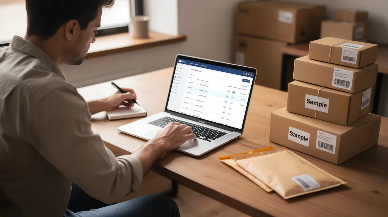 A small business owner is seated at a desk, reviewing ecommerce orders on a laptop while surrounded by neatly packed sample products. This scene reflects the operations of a successful Shopify dropshipping business, emphasizing the importance of managing customer purchases and maintaining inventory for an online store.