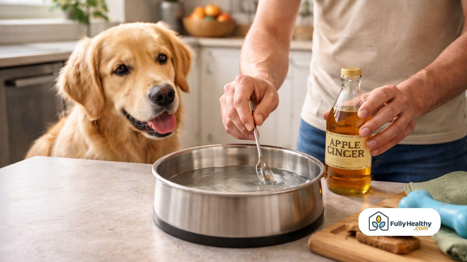 Golden retriever watching owner mix apple cider vinegar into dog bowl