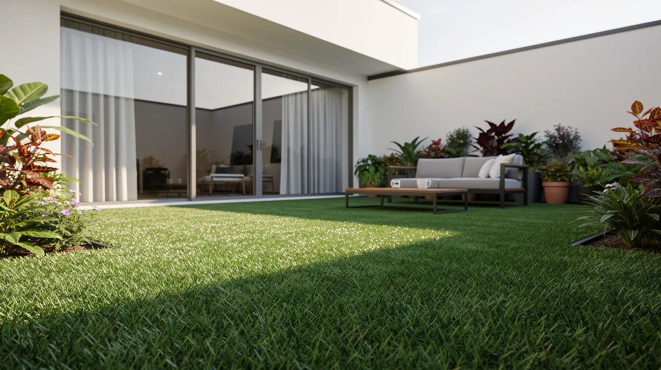 The image depicts a house patio covered with lush artificial turf, providing a vibrant green space for outdoor relaxation. The installation of synthetic turf offers a durable alternative to natural grass, while the surrounding area is designed to maximize natural light and minimize sun damage to the patio and nearby windows.