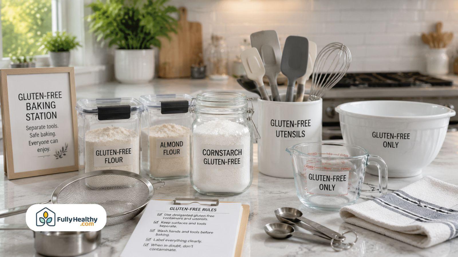 Gluten free baking station with cornstarch labeled containers and dedicated kitchen utensils