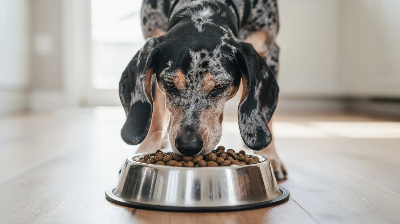 A Bluetick coonhound with a glossy blue and tan coat is happily eating high-quality kibble from a dog bowl, showcasing its floppy ears and muscular build. This active and affectionate breed is known for its strong prey drive and is often found in loving homes as a family pet.