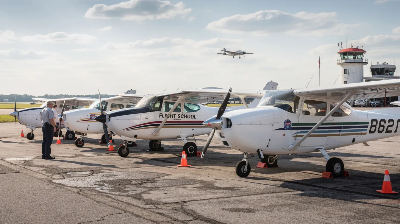 A row of flight training aircraft is parked at a busy general aviation airport, showcasing the variety of planes used in aviation training programs. This scene highlights the importance of effective flight school management software in coordinating training schedules and ensuring regulatory compliance for aspiring pilots.