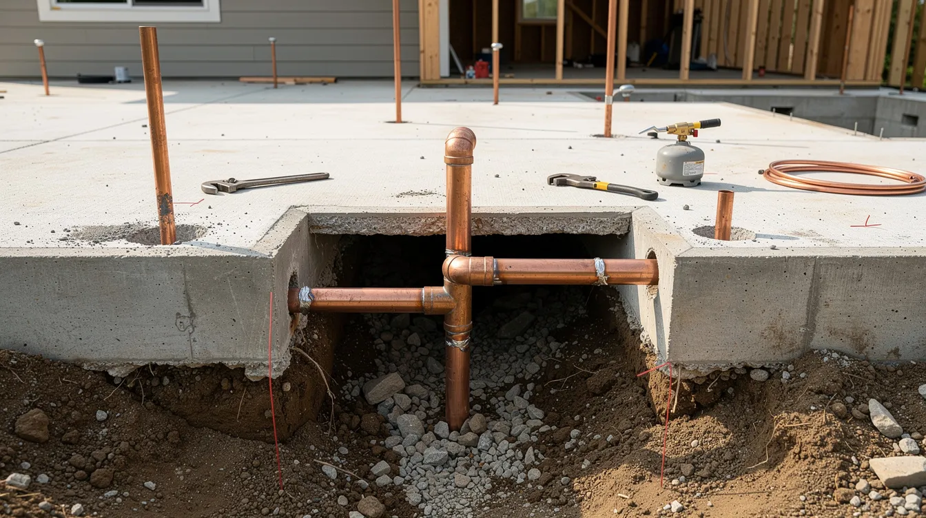 The image shows a residential concrete slab foundation with exposed copper plumbing pipes, indicating a plumbing repair in progress. This visual highlights the importance of slab leak detection to prevent significant property damage and ensure the plumbing system functions effectively.