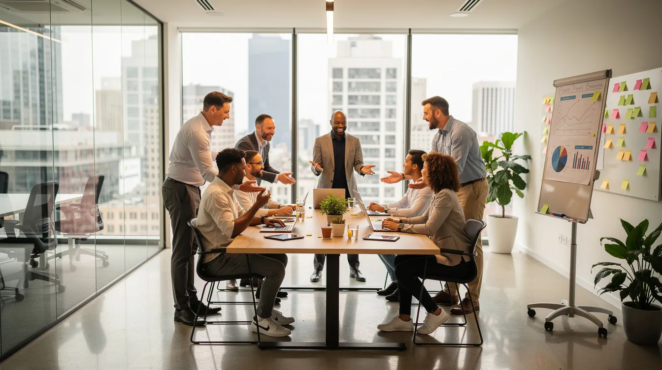 A group of professionals is collaborating in a modern office setting, discussing projects and sharing actionable insights to enhance their internship program management. The diverse team is focused on developing skills and streamlining the application process for future employees, utilizing a comprehensive management platform to assign tasks and track progress.