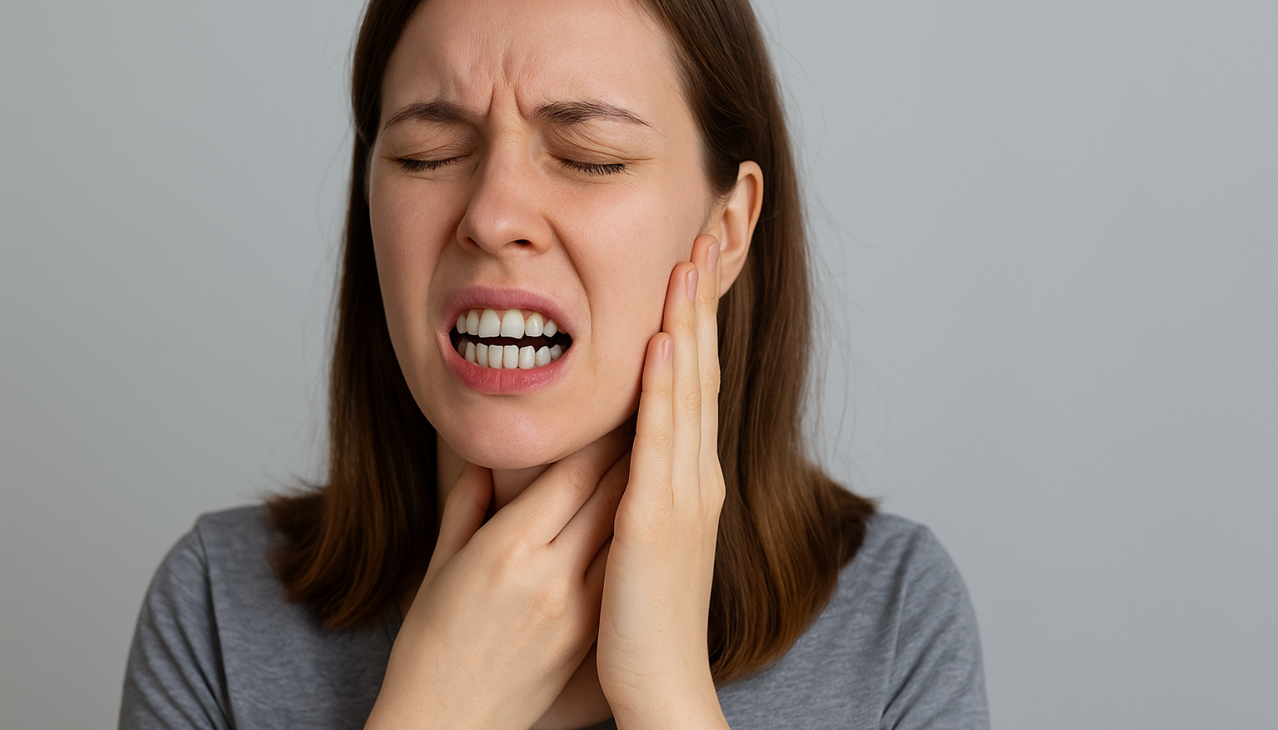 Kvinne holder hals og kjeve med smertefullt uttrykk, symboliserer svelgevansker og påvirkning på tannhelse.