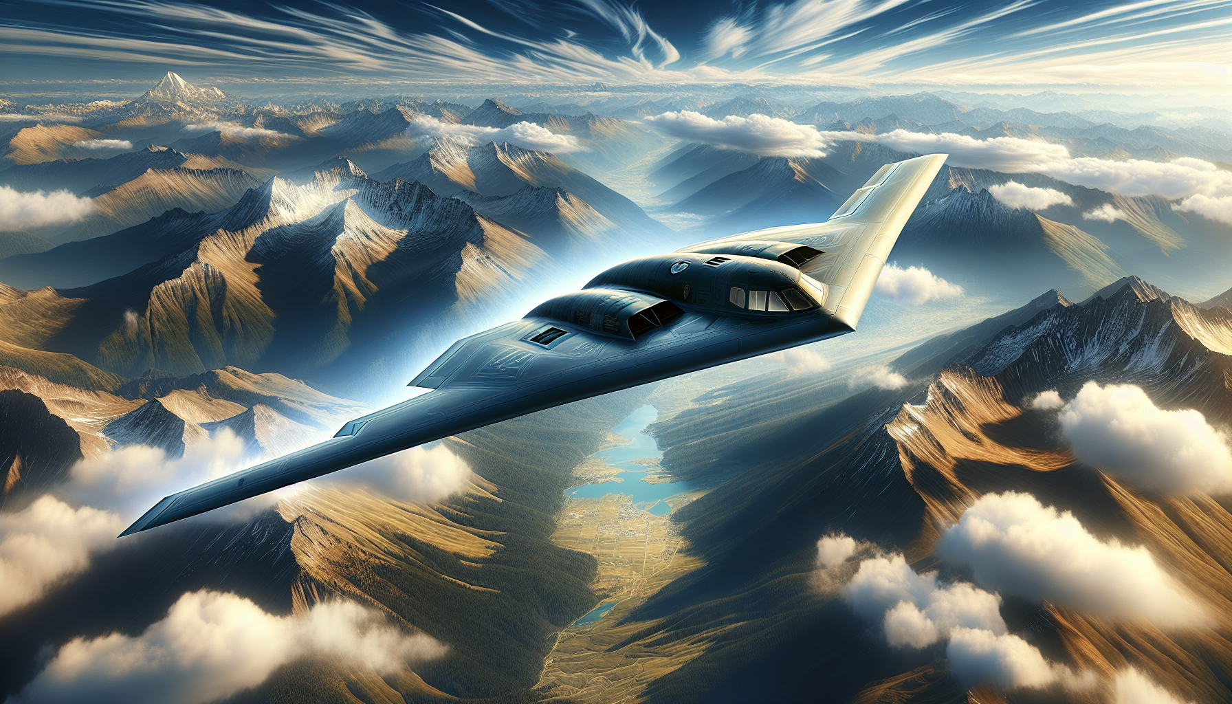 A B-2 Spirit bomber aircraft flying over a landscape.