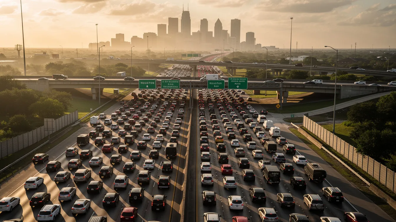Imagen de tráfico intenso en una autopista de Houston durante la hora pico, donde varios autos están detenidos y se observa un ambiente congestionado. Esta situación puede aumentar el riesgo de accidentes automovilísticos, lo que resalta la importancia de contar con un abogado de accidentes en Houston para ayudar a las víctimas a obtener compensación.
