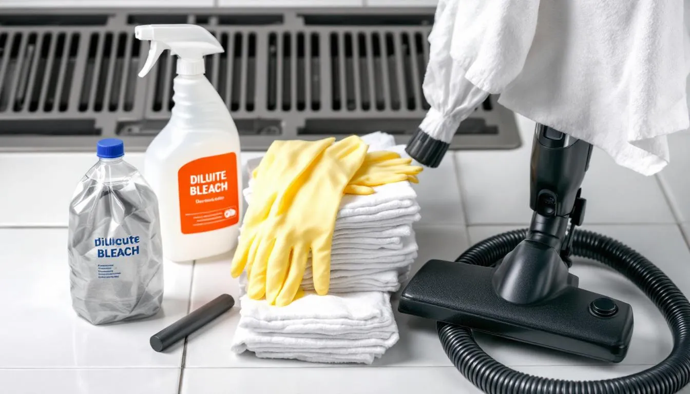 The image displays an assortment of cleaning supplies, including dilute bleach spray bottles, disposable gloves, a vacuum cleaner, and cleaning cloths, all organized for decontaminating areas affected by ringworm infections. These items are essential for treating ringworm in dogs and preventing the spread of fungal spores from infected animals.