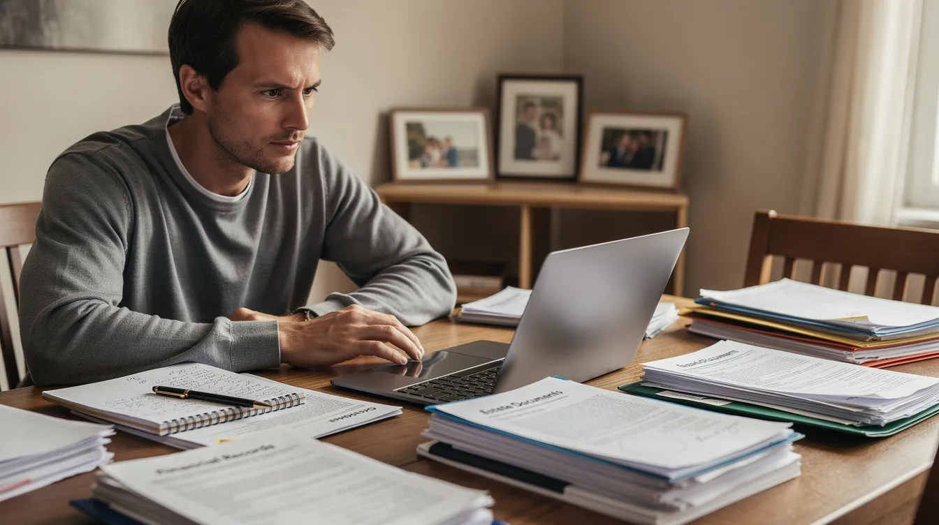 An adult child is sitting at a desk, sorting through inherited financial paperwork, including an annuity contract, with a notebook and laptop open in front of them. This scene highlights the complexities of inheriting an annuity, as they consider the tax implications and potential income tax liabilities associated with the inherited funds.