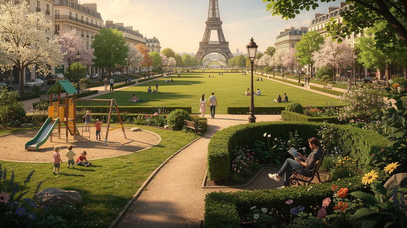 The image showcases the expansive Champ-de-Mars park in Paris, featuring lush green spaces that provide stunning views of the iconic Eiffel Tower. Visitors can be seen enjoying peaceful strolls, family outings, and moments of quiet reflection in this beautiful park, which blends natural beauty with architectural grandeur.