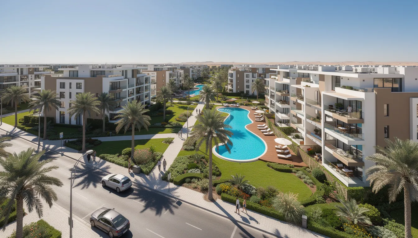 Une vue panoramique d'un quartier résidentiel moderne à Dubaï, mettant en avant des piscines scintillantes et de vastes espaces verts, où les expatriés peuvent profiter d'une vie agréable et dynamique aux Émirats Arabes Unis. Ce cadre allie luxe et confort, idéal pour ceux qui envisagent une expatriation à Dubaï.