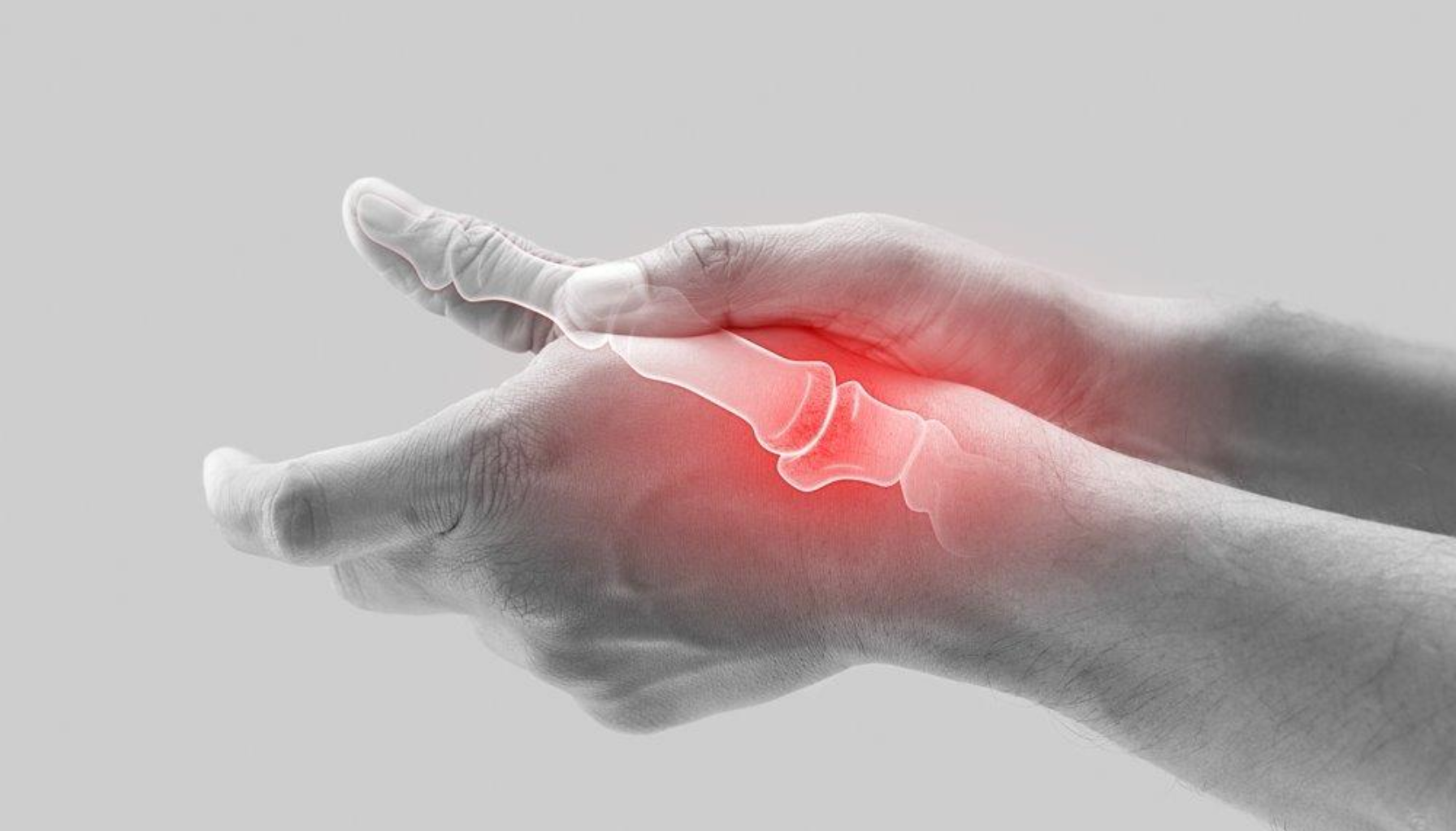 Hånd med rødt område og gjennomsiktig røntgeneffekt som viser smerte i tommelen eller leddbetennelse.