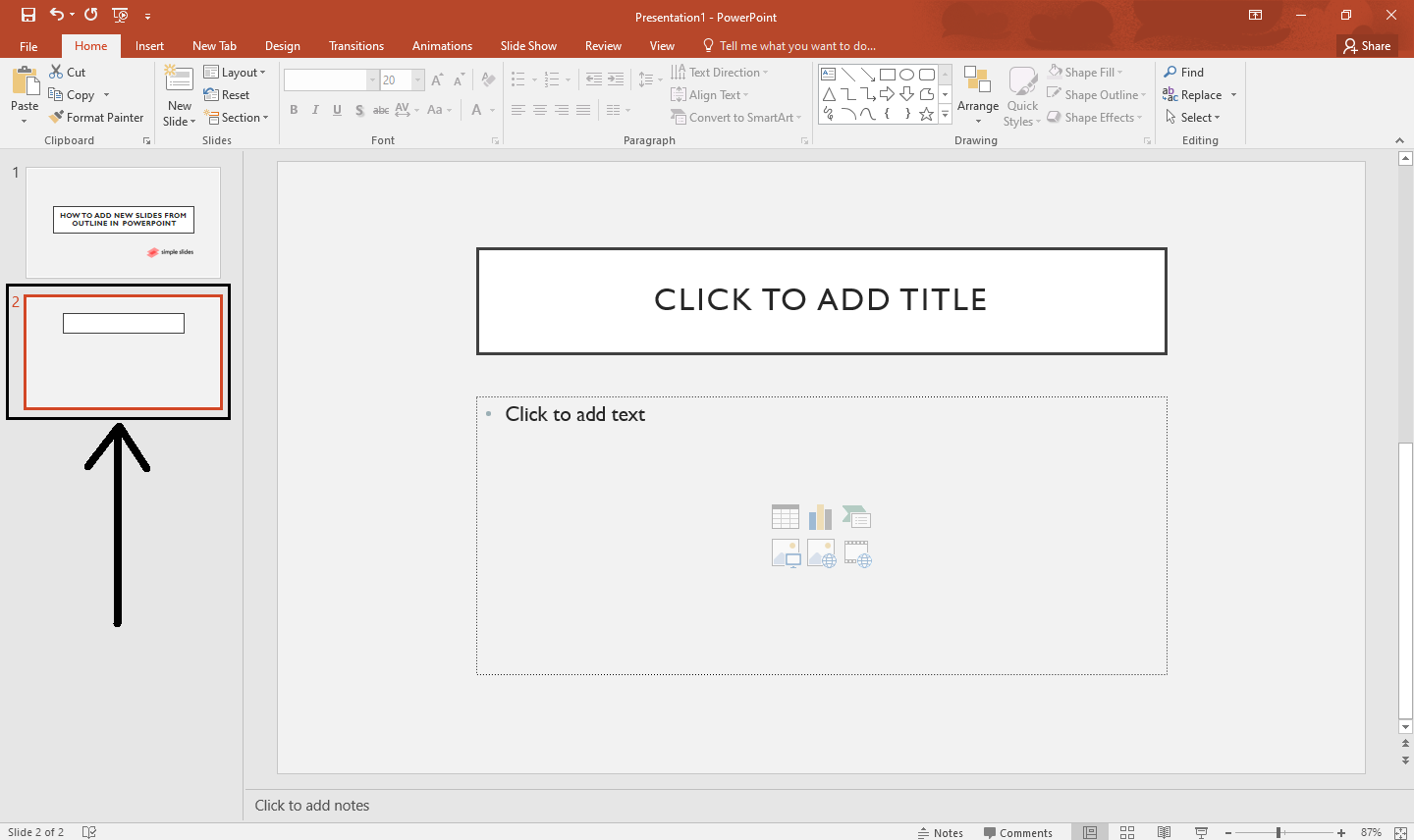 Open your Microsoft PowerPoint and select a blank slide icon for your presentation.