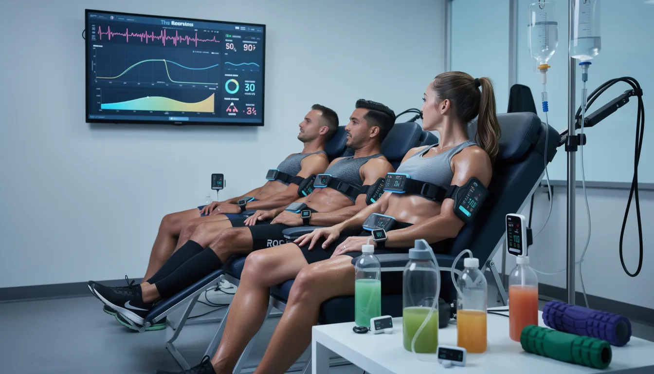 The image shows competitive male runners monitoring their heart rate and hydration levels as part of a post-exercise recovery protocol, which includes sauna sessions to enhance endurance performance and reduce muscle soreness. The athletes appear focused, utilizing technology to track vital signs, emphasizing the importance of heat exposure and hydration in their training plan.
