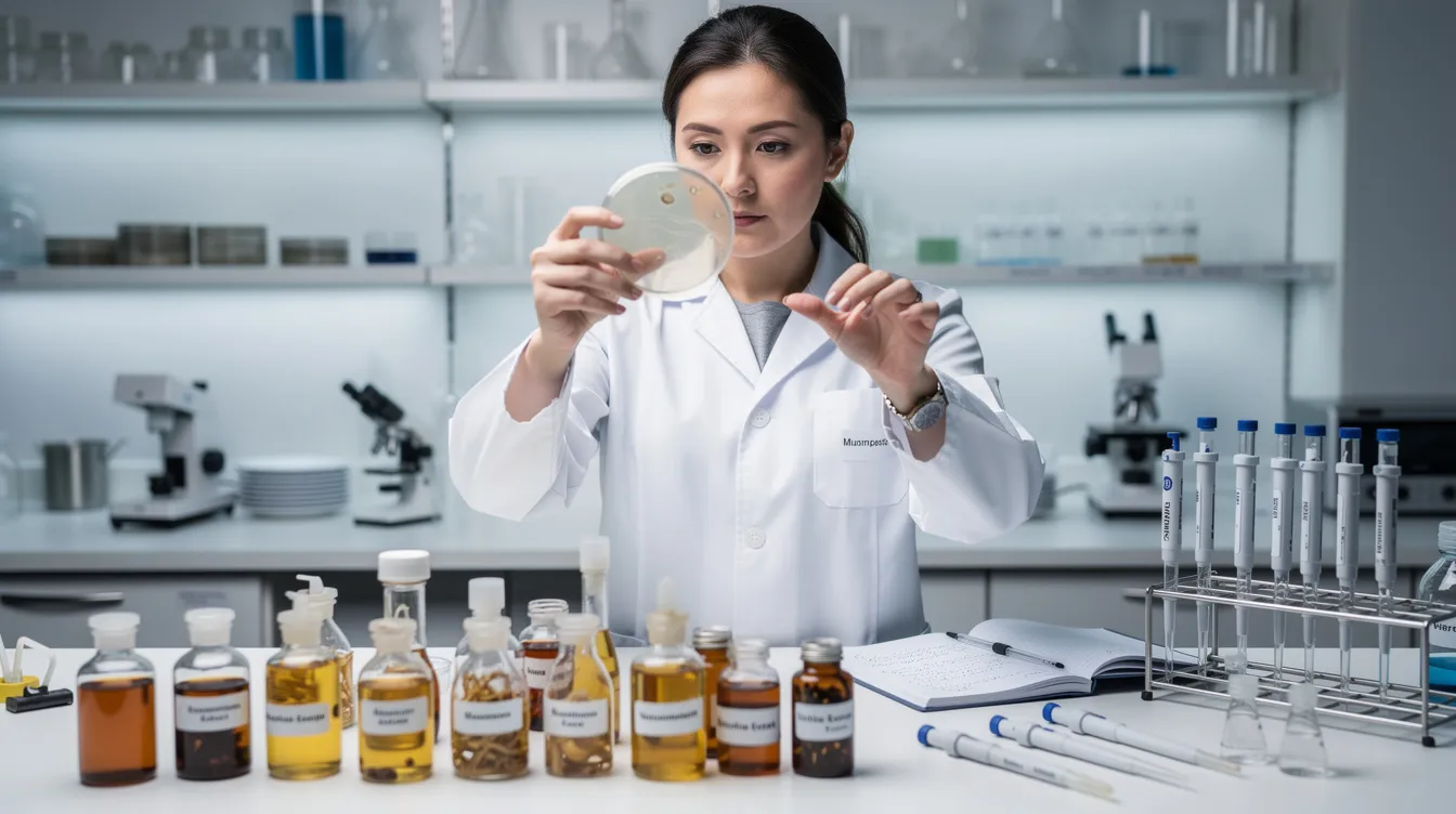 A scientist examines a petri dish in a laboratory, standing beside a lab bench that displays various mushroom extract samples. This scene illustrates the process of research, showing how the scientist investigates the properties of mushrooms, which may include reishi mushrooms, known for their potential health benefits.