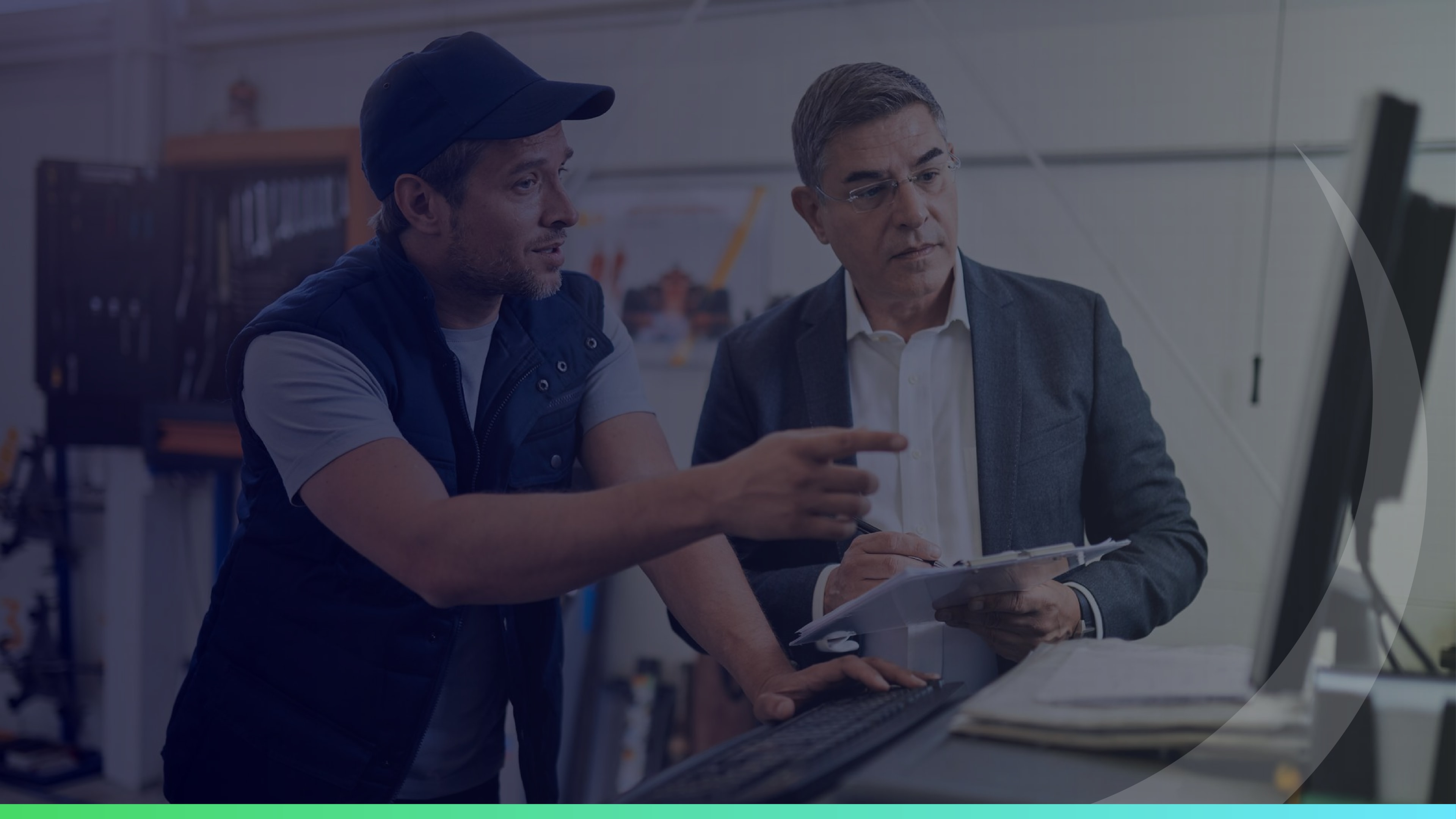 A small business owner discussing reliable internet service with a broker in a meeting room.