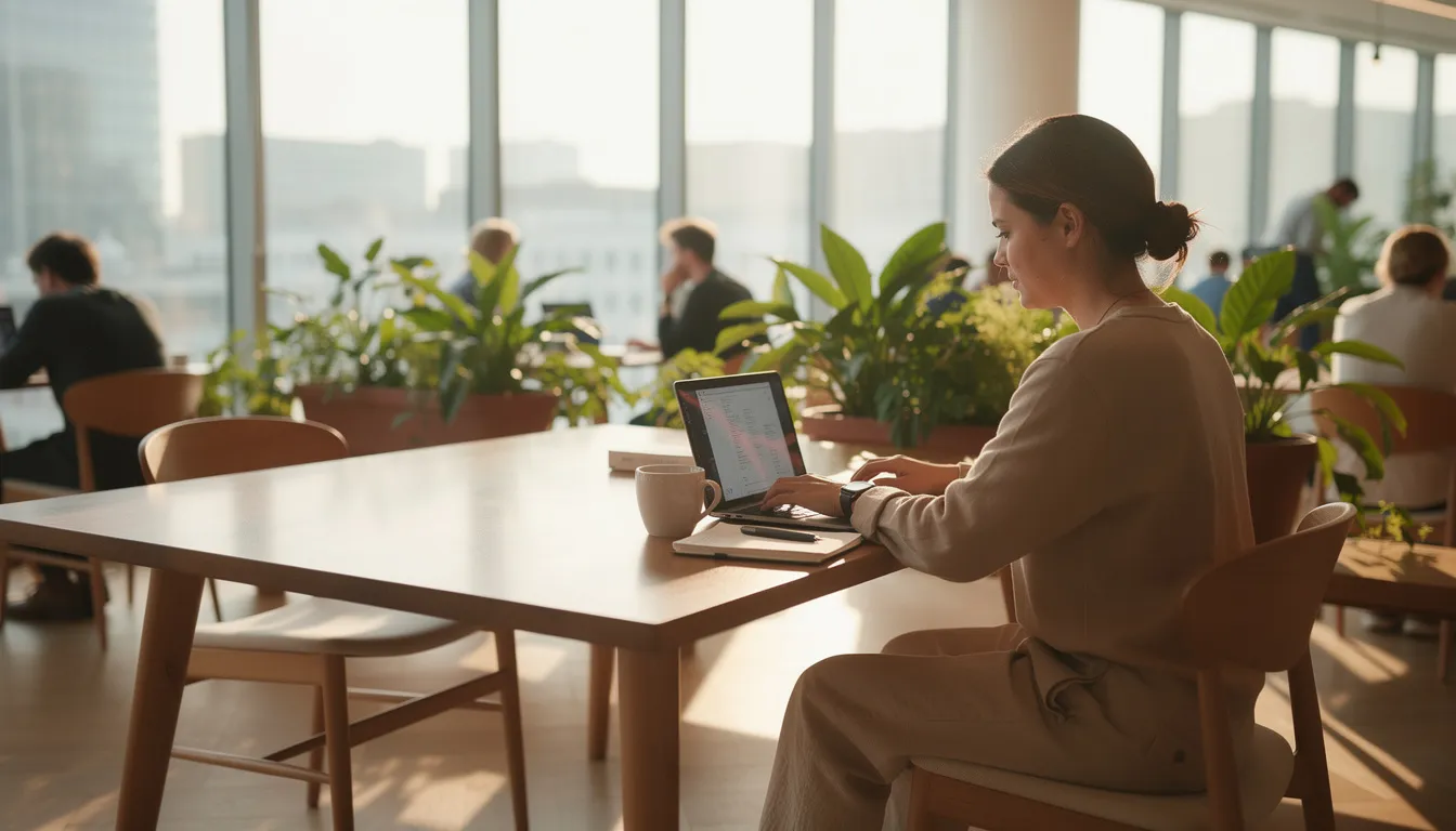 A digital nomad is focused on their laptop at a wooden desk in a bright coworking space filled with plants and natural light, embodying the modern work lifestyle. This setting highlights the integration of AI tools in marketing strategies, where professionals can collaborate and enhance customer engagement through data-driven decisions and actionable insights.