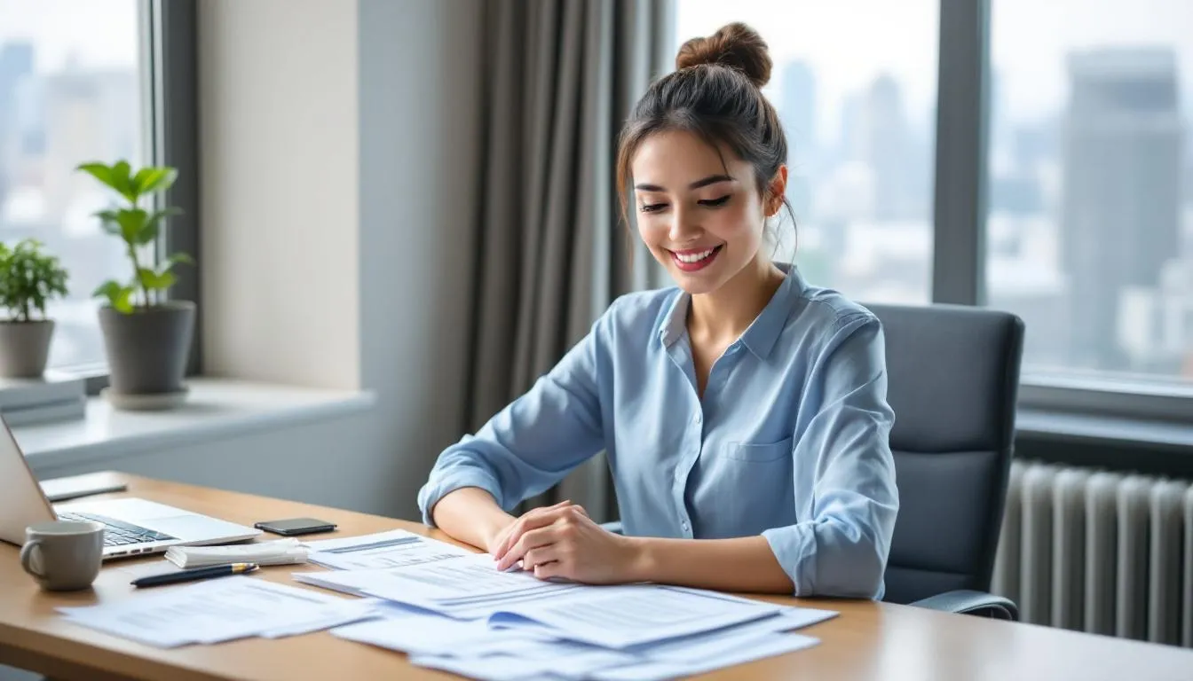 A Southeast Asian woman is joyfully seated at her desk, examining analytic report papers and receipts that highlight her vendor relationships and performance metrics. Her happy expression reflects the importance of building strategic partnerships to enhance customer experience and achieve business goals.