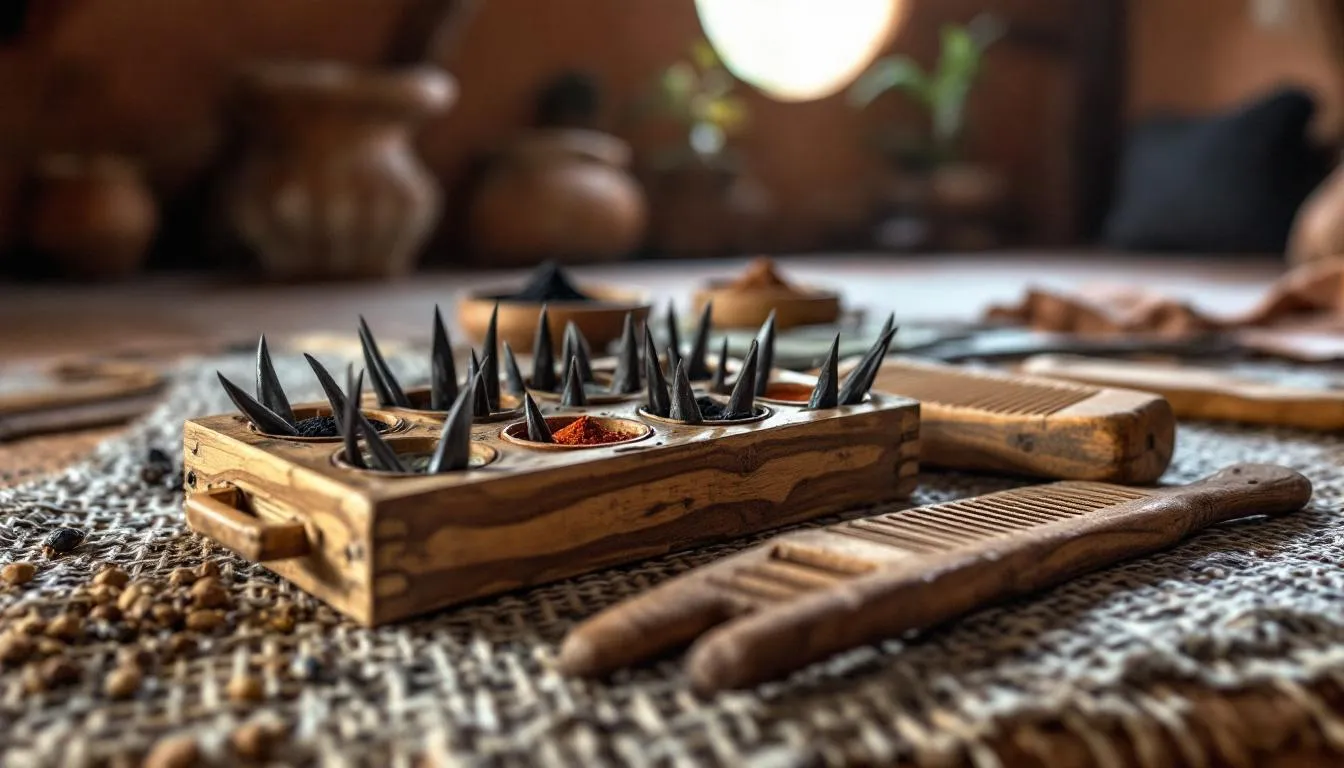 The image depicts traditional tattooing tools used by amazigh women, including natural pigments and thorns, reflecting the rich cultural heritage of North Africa. These tools are integral to the ancient practice of amazigh tattooing, which often features geometric designs that signify protection and tribal identity.