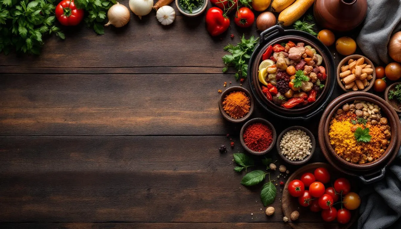 The image depicts a traditional Moroccan cooking scene featuring beautifully crafted tagines, an array of vibrant spices, and fresh ingredients artfully arranged on a rustic wooden table, embodying the rich culture and culinary heritage of Morocco. This inviting setup reflects the essence of Morocco tours, showcasing the delightful flavors that travelers can experience during their visit to this enchanting North African country.