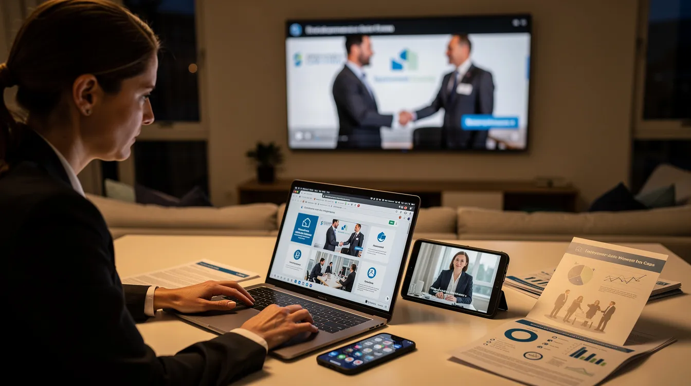 The image depicts a diverse group of professionals engaged in a discussion at a modern office setting, symbolizing collaboration among employment law attorneys and their marketing team. Various digital marketing tools, such as laptops and tablets, are visible, highlighting the importance of online visibility and effective marketing strategies for employment law firms.
