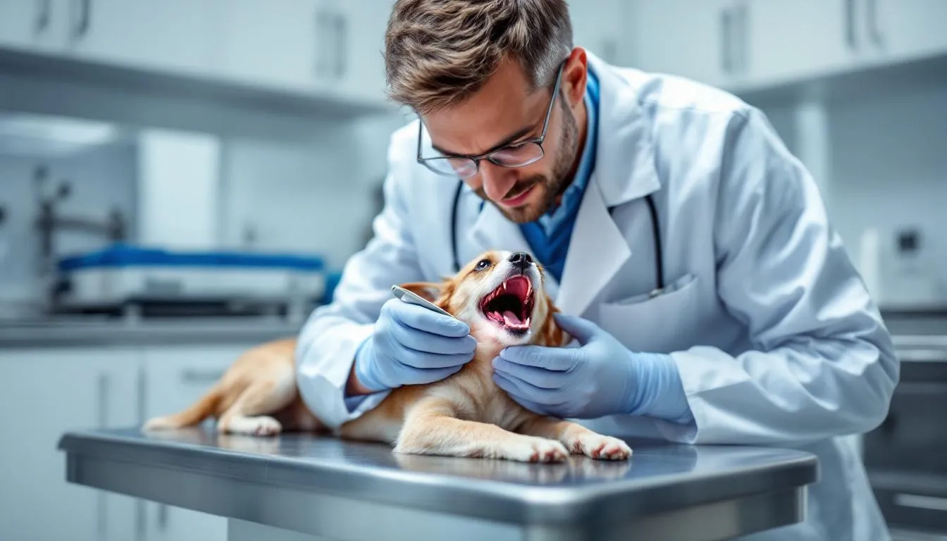 A veterinarian is closely examining a dog
