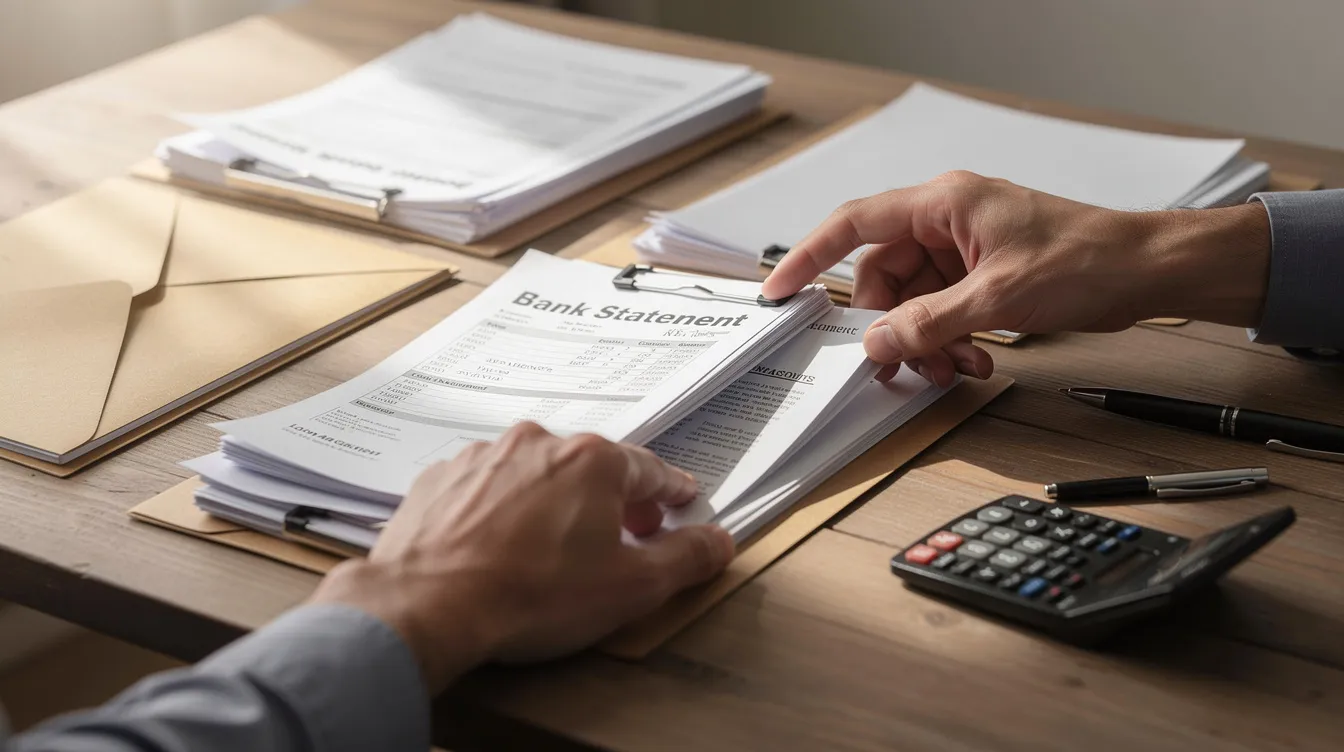 A close-up view of a person's hands meticulously organizing bank statements and loan documents on a table, highlighting the importance of financial management for 公務員 職位 and new employees in 2026.