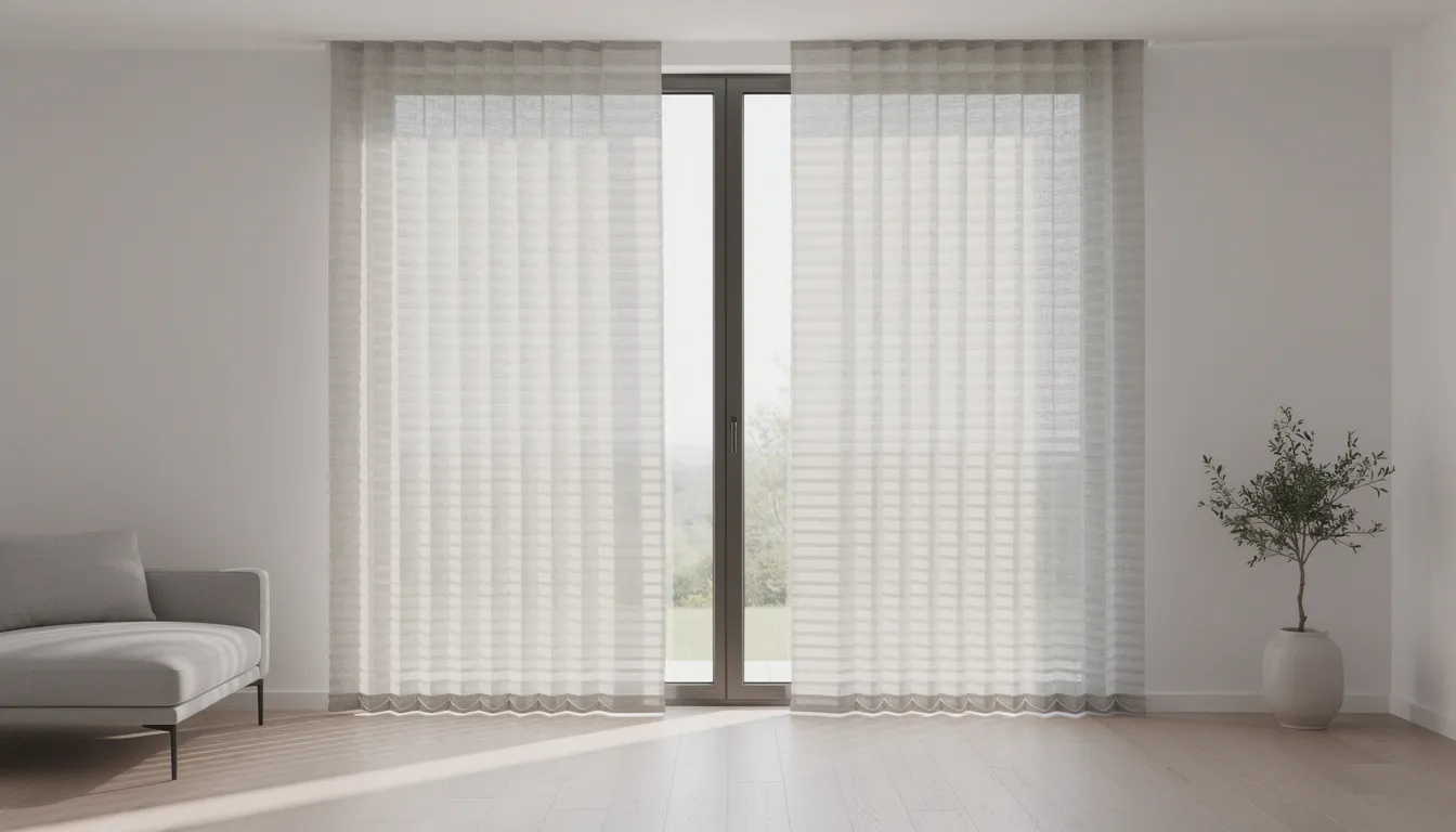 Een afbeelding van plissé gordijnen die elegant zijn opgehangen in een woonkamer, met een stijlvolle uitstraling en een strakke afwerking. Deze raamdecoratie biedt de perfecte oplossing voor het reguleren van de hoeveelheid lichtinval en voegt extra comfort toe aan elke ruimte.