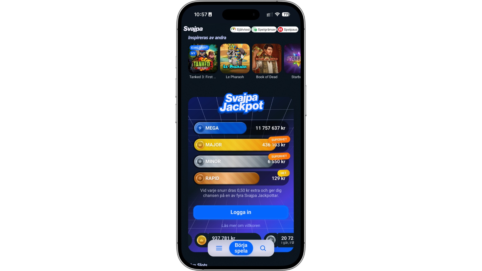 Mobilversion av Svajpa Casino som visar Svajpa Jackpot med progressiva jackpottar på över 10 miljoner kronor.
