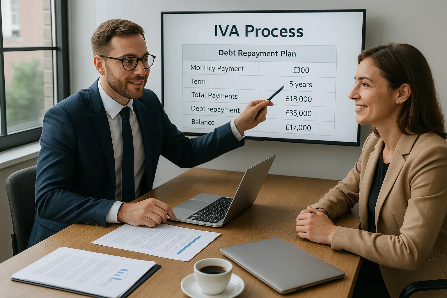 Financial advisor explaining how an IVA is set up to prevent enforcement action.