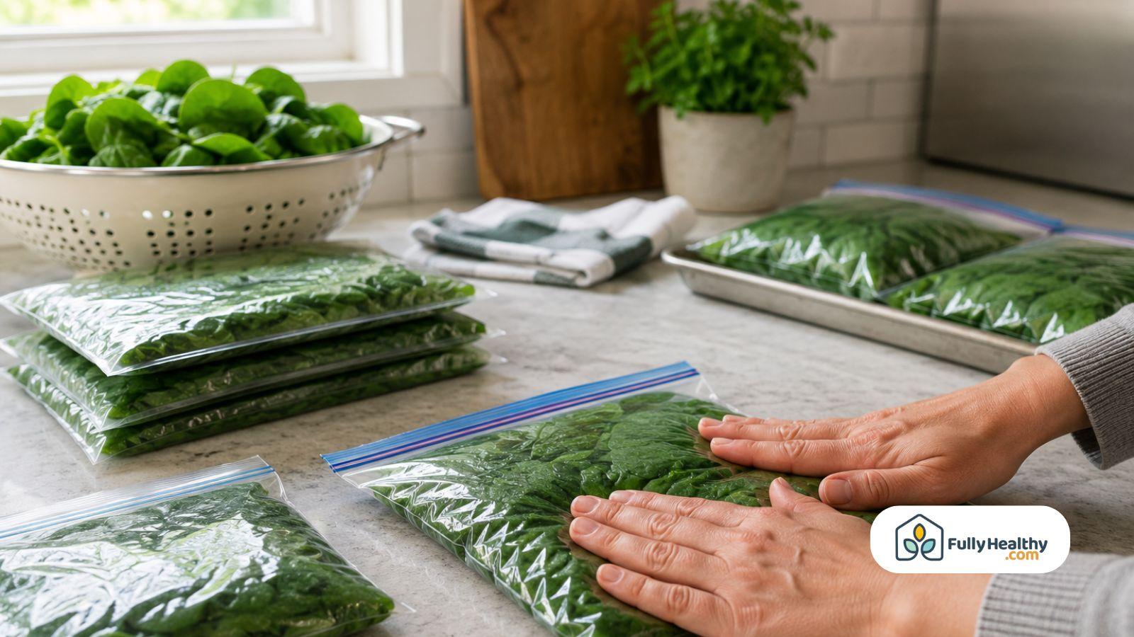 Hands pressing out all the air from spinach in freezer bags