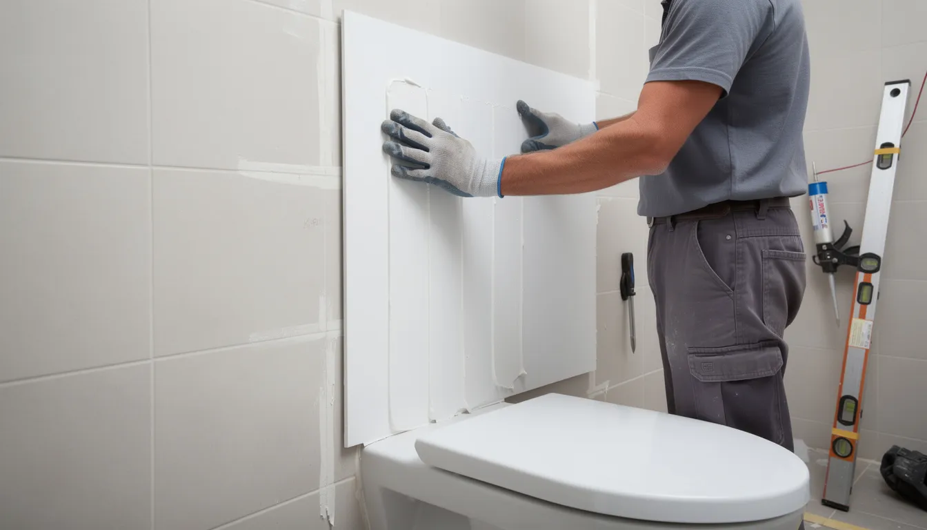 Een persoon monteert een kunststof wandpaneel aan de muur van een toilet, gebruikmakend van montagekit. De wandpanelen zijn ontworpen voor vochtige ruimtes en bieden een naadloze afwerking voor een moderne uitstraling.