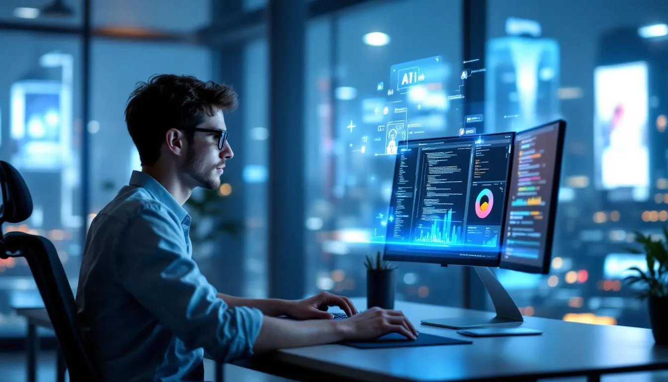 In this image, a person is engaging with an AI-powered software development tool, showcasing the concept of vibe coding. The interface displays natural language prompts being used to generate functional code, highlighting a fundamental shift in traditional programming methods through AI-assisted coding.