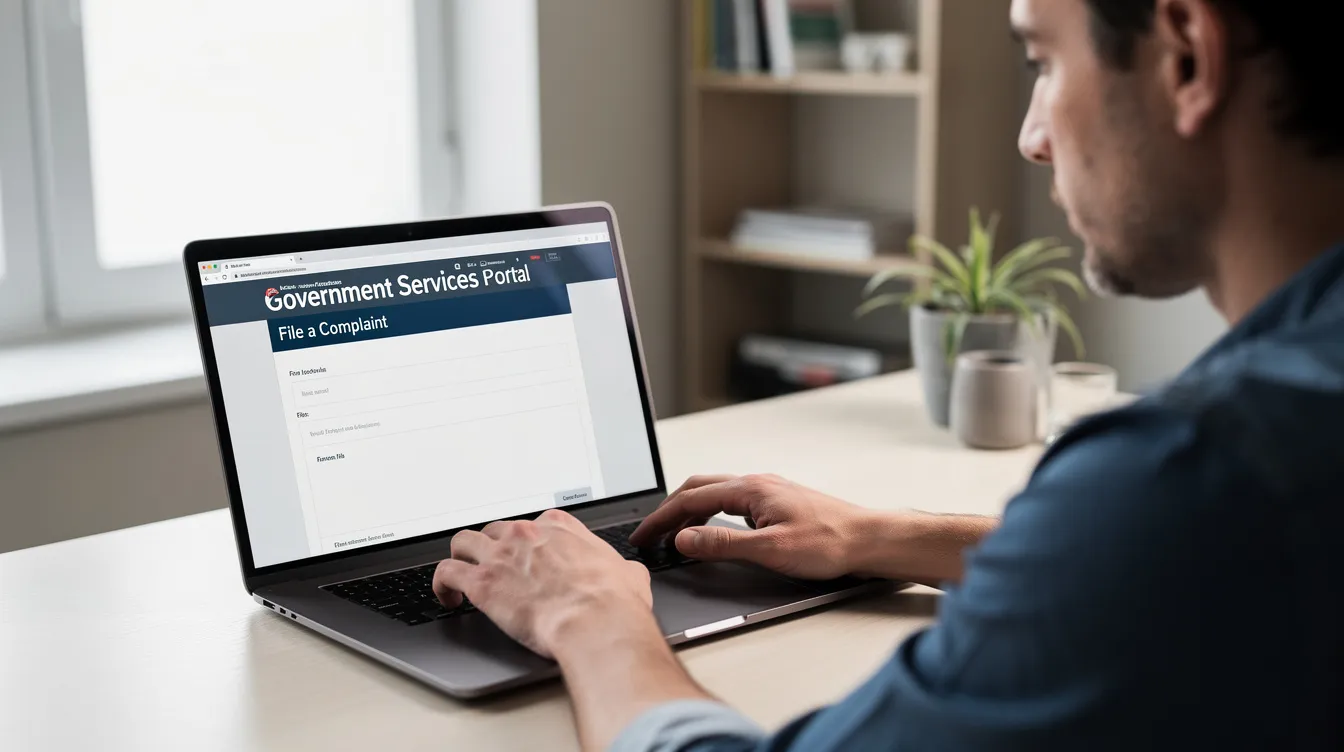 The image depicts a person sitting at a desk, focused on using a laptop to file a complaint on a government portal, likely related to the banking ombudsman scheme. The scene emphasizes the process of submitting customer complaints involving deficiency, as the individual navigates the website to ensure their grievance is properly documented.