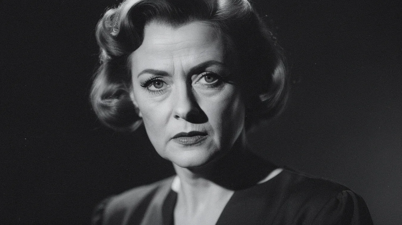 Die Nahaufnahme zeigt eine ausdrucksstarke Frau mittleren Alters im Stil der 1950er Jahre, die mit einem intensiven Blick in die Kamera schaut. Dramatisch seitlich beleuchtet, erinnert ihr Aussehen an die großen Hollywood-Diven wie Bette Davis und Anne Baxter aus dem Film "All About Eve".