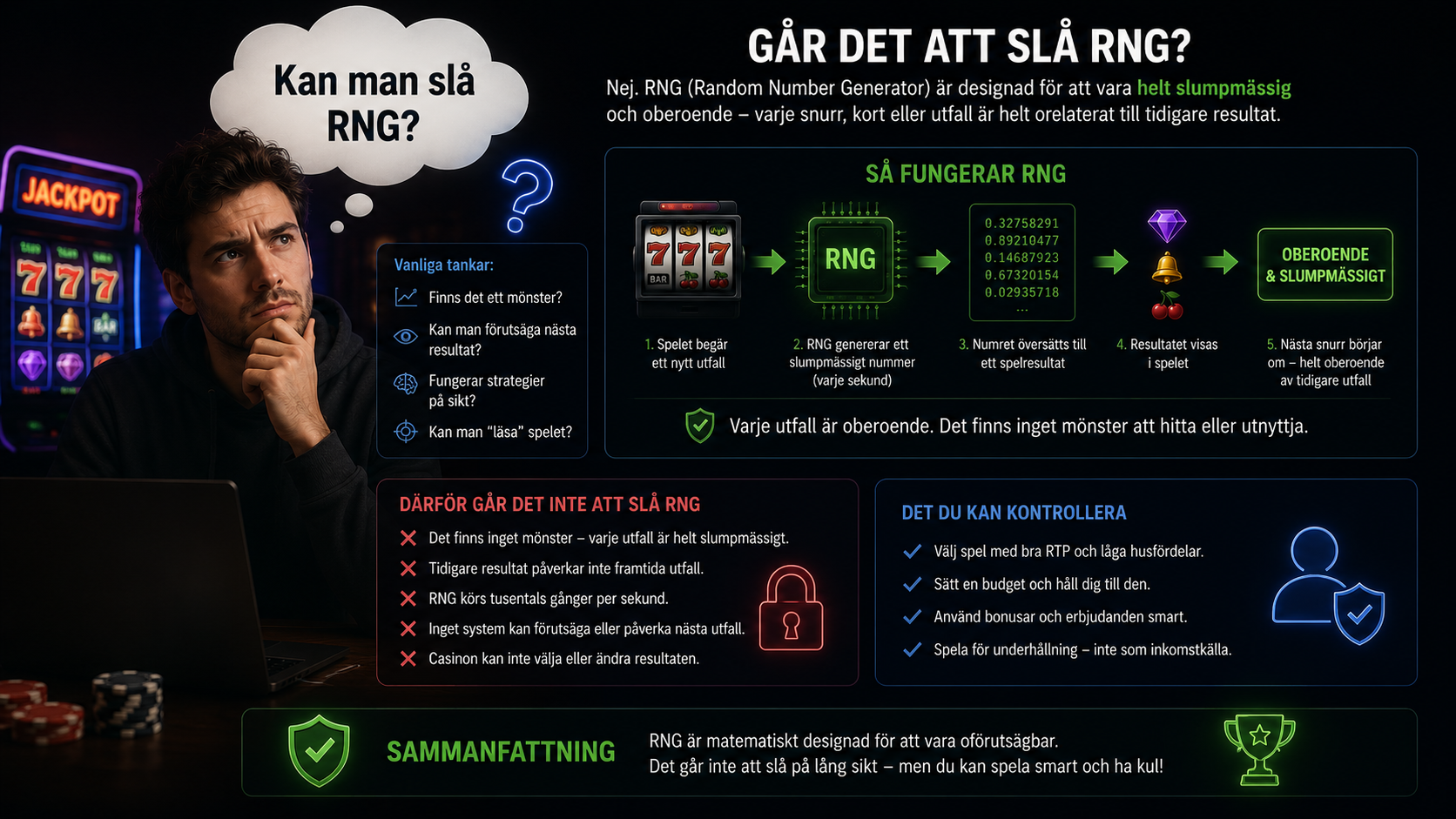 Illustration som förklarar varför RNG inte går att förutse eller slå i casinospel