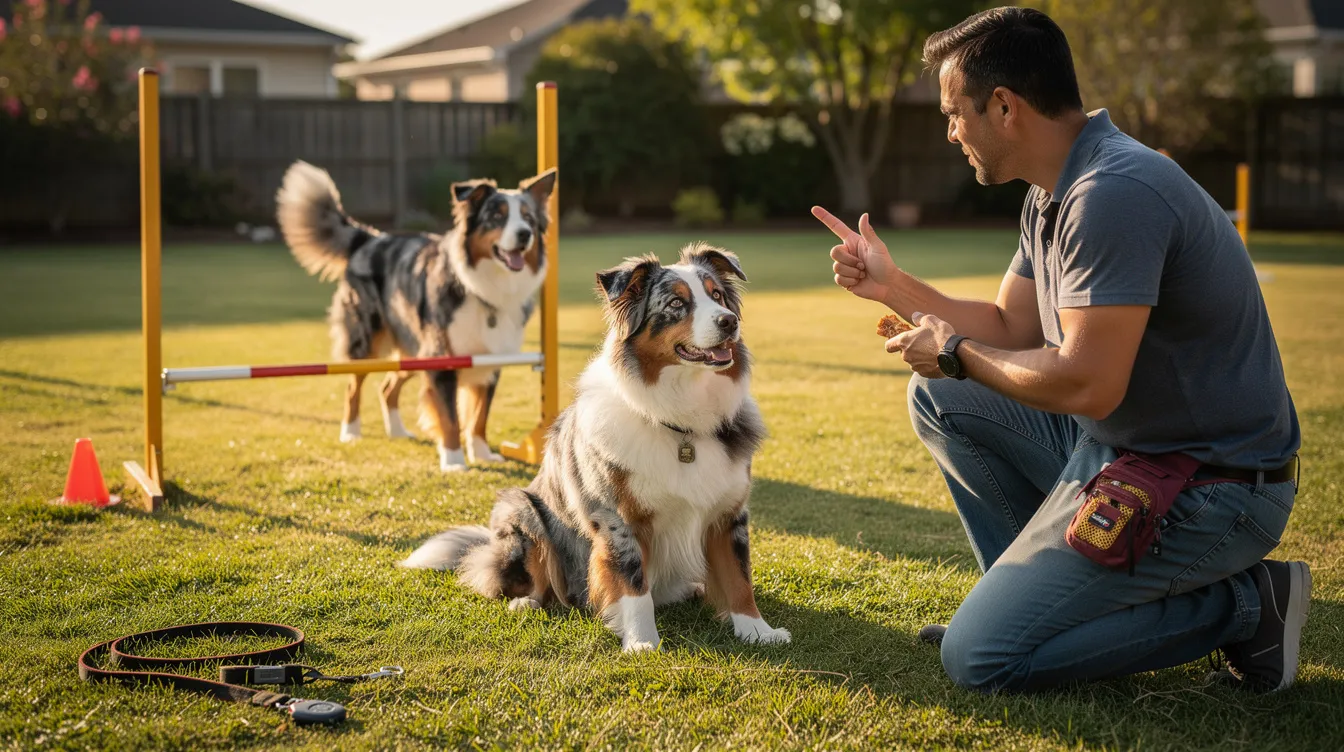 The image depicts an Australian Shepherd puppy engaged in a training session with its owner in a sunny outdoor setting, showcasing the energetic and playful nature of this herding breed. The scene emphasizes positive reinforcement techniques, with the owner using a small treat to guide the puppy through basic commands, highlighting the importance of obedience training for Aussie owners.