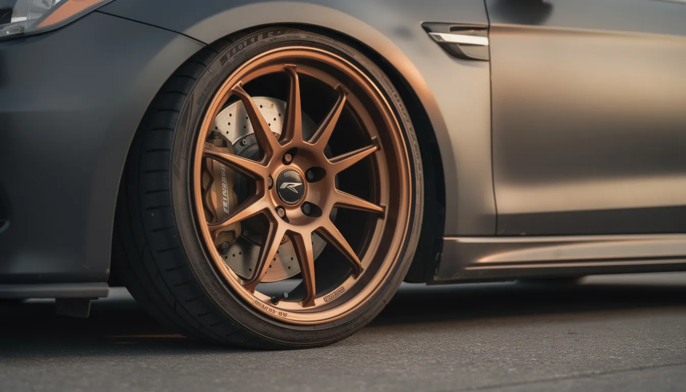 The image features a close-up view of striking bronze aftermarket alloy wheels paired with performance tires, showcasing a sporty hatchback. The details highlight the custom design and modifications that enhance the vehicle's aesthetic and performance.