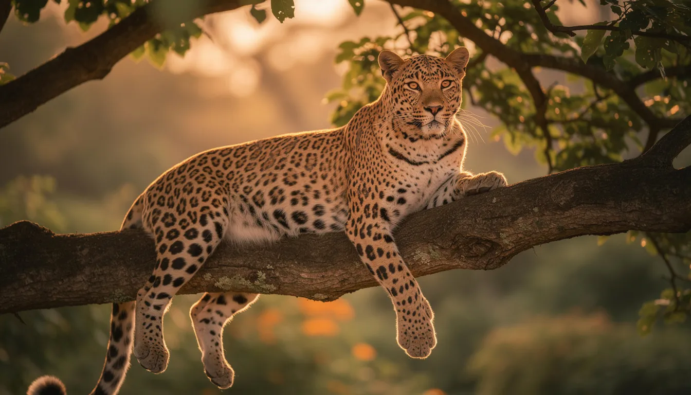 Un poster mozzafiato di un felino selvatico presenta un maestoso leopardo che riposa su un ramo d'albero, immerso nella luce dorata del pomeriggio, mostrando il suo bellissimo manto maculato su uno sfondo naturale. Quest'opera cattura l'eleganza del leopardo, rendendola un'aggiunta perfetta a qualsiasi collezione di foto o stampe di felini selvatici.
