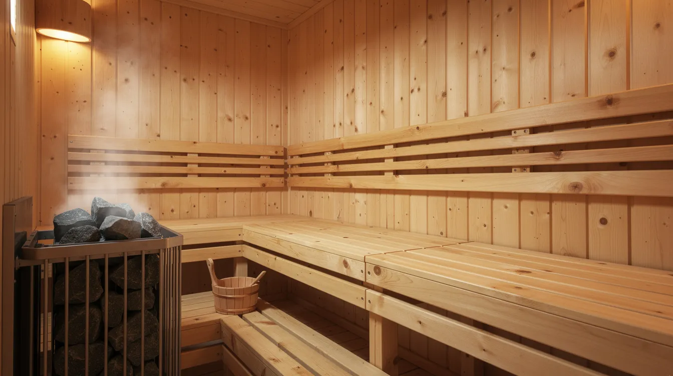 The image depicts the interior of a sauna cabin featuring wooden bench construction and a heating element, designed for sauna therapy. This enclosed space promotes muscle relaxation and improved circulation through intense heat, while ensuring proper ventilation to maintain indoor air quality.