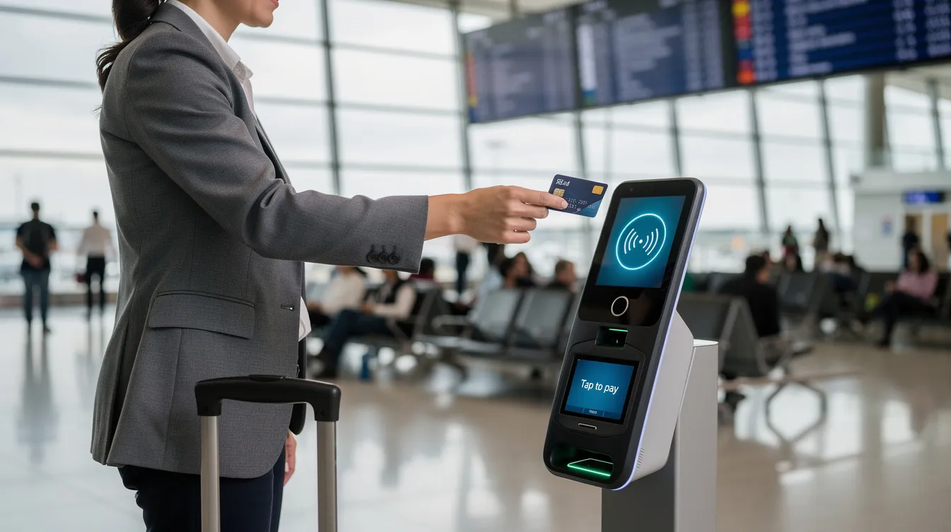 A traveler stands at an airport payment terminal, using a contactless card to complete a transaction. The scene highlights the convenience of modern payment methods for international transfers, allowing users to send money online without incurring high transfer fees.