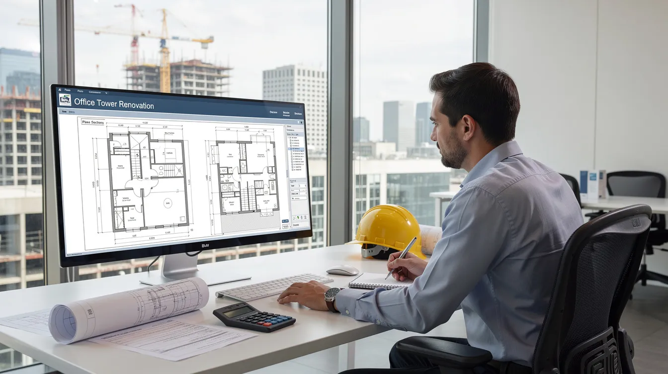 A construction estimator is intently reviewing large blueprint drawings displayed on a computer screen at a modern office desk, focusing on the details essential for accurate estimates and project planning. This careful analysis aids in the bidding process, ensuring competitive bids and better control over costs for successful project delivery.