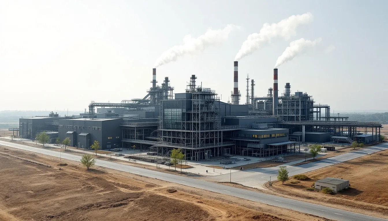 A factory is situated on a plot of land, highlighting the relationship between the building and the land value for real estate investors. This image illustrates the importance of determining land and property value for tax purposes and depreciation deductions.