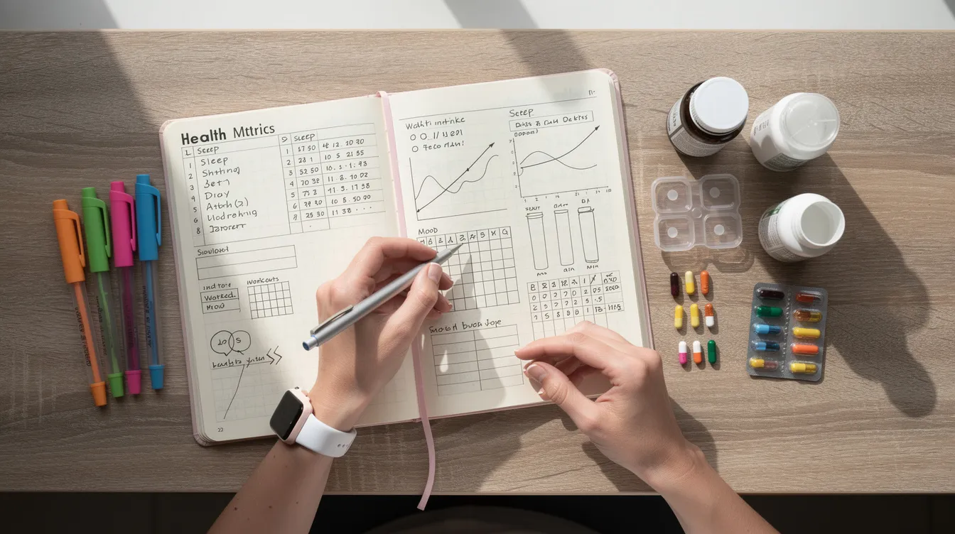 A person is seen tracking their health metrics in a journal, with various supplements like fish oil and vitamin D placed nearby. This scene highlights the importance of a supplement routine for maintaining optimal health, as discussed by Rhonda Patrick, and emphasizes the role of nutrients in supporting cardiovascular health and cognitive function.