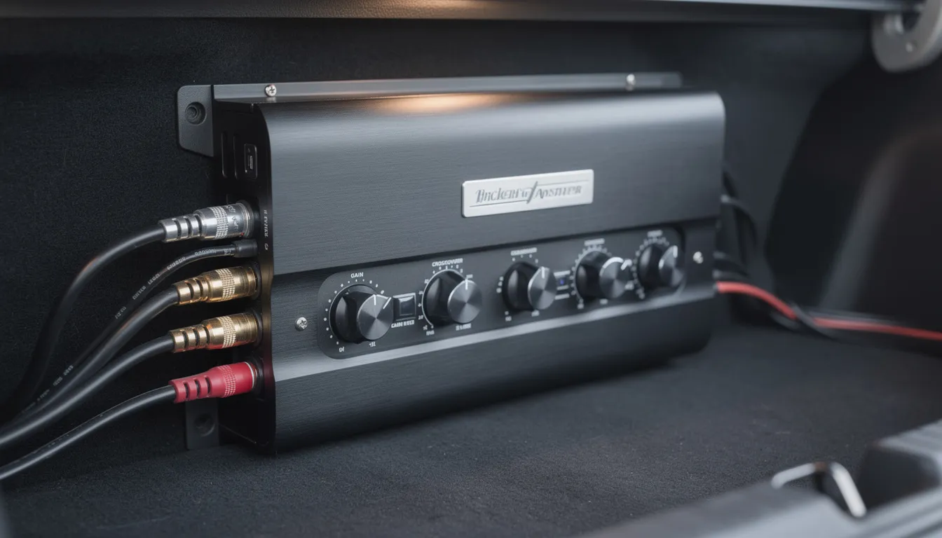 The image shows a close-up view of a car audio amplifier installed in a trunk, featuring prominent gain and crossover knobs that allow for precise tuning of the sound system. This setup is essential for controlling volume, preventing distortion, and enhancing the performance of full range and subwoofer speakers in a car stereo system.