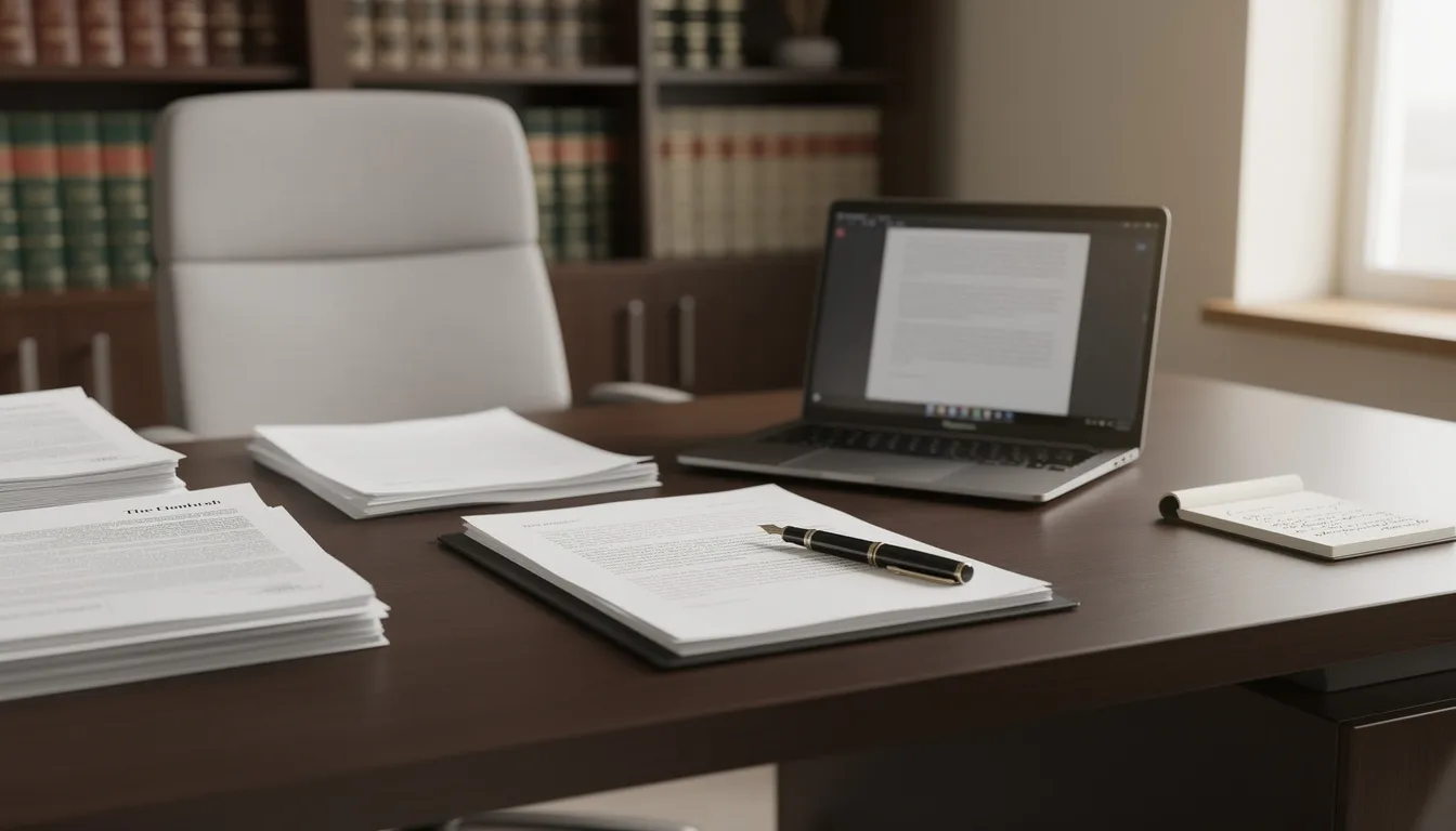 The image depicts a professional office setting featuring a desk with neatly organized legal documents and a laptop, suggesting an environment focused on handling social security disability claims and applications. This workspace could be where discussions about disability benefits, back pay calculations, and the application process take place.