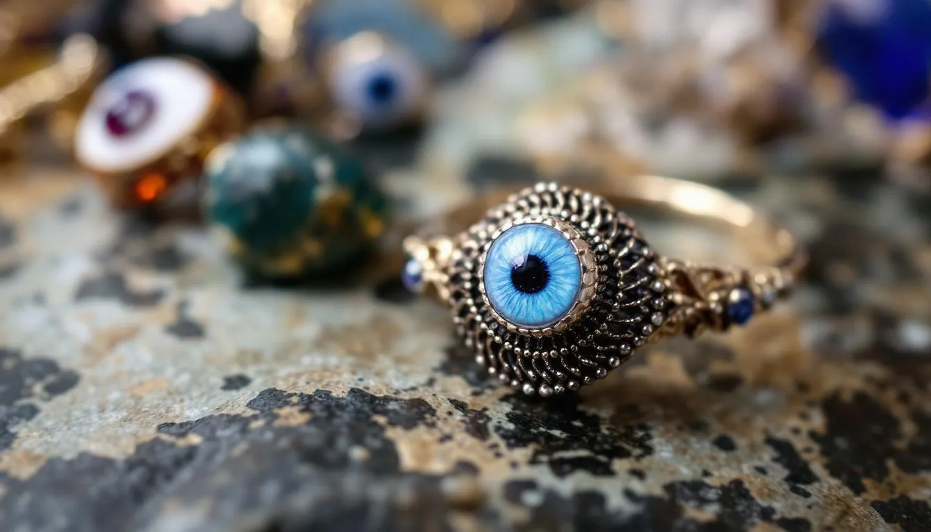 The image showcases a stunning collection of evil eye jewelry, featuring vibrant birthstones intricately designed to offer both beauty and protective properties. Each piece symbolizes a protective shield against negative energies and evil influences, blending modern aesthetics with ancient traditions for spiritual protection and well-being.